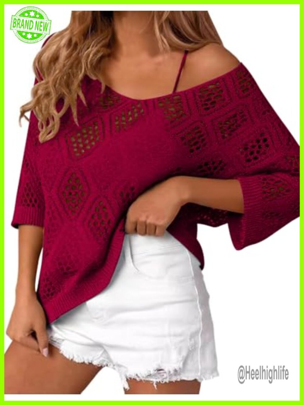 LOMON Womens Crochet Sweater 3/4 Sleeve V Neck Beach Coverup